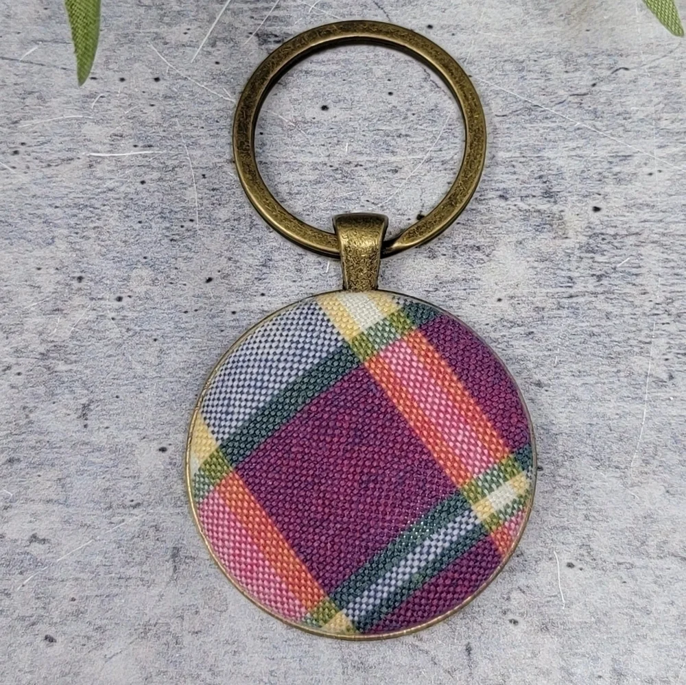 New Handmade | Pink Plaid Upcycled Fabric Button Keychain